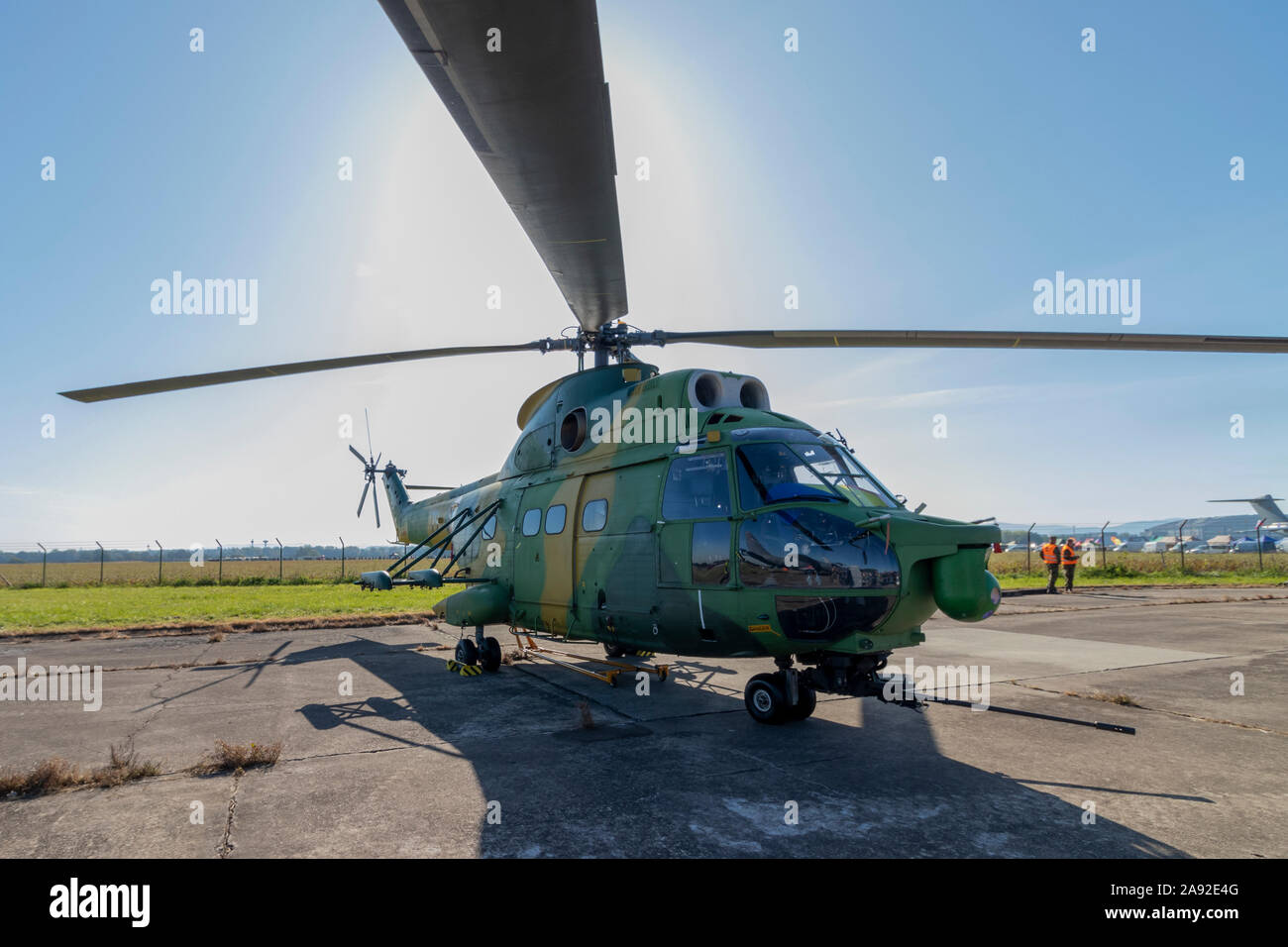 OSTRAVA, CZECH REPUBLIC - SEPTEMBER 22, 2019: NATO Days. An IAR 330 SOCAT combat helicopter of the Romanian Air Force is on static display. Wide angle Stock Photo