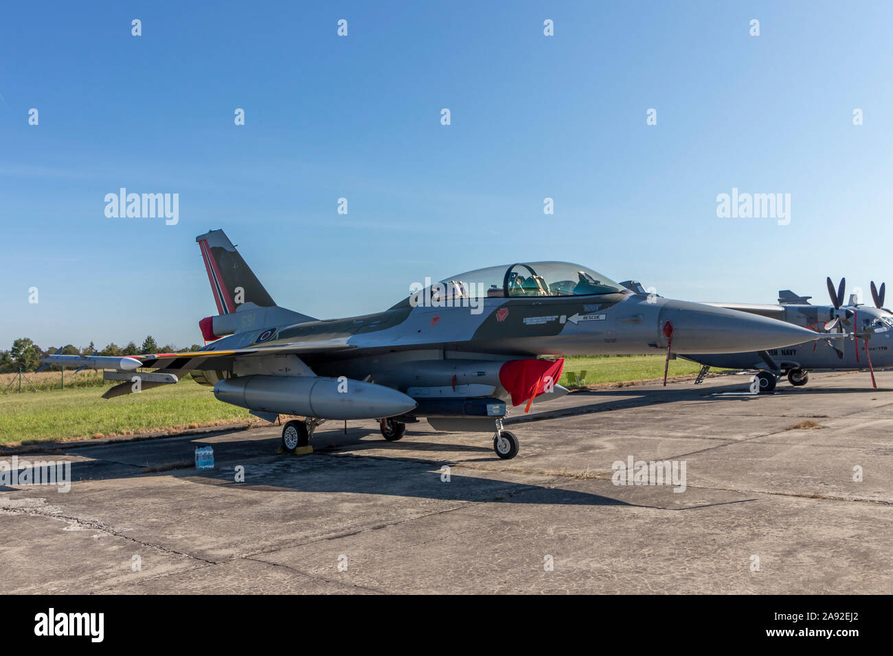 OSTRAVA, CZECH REPUBLIC - SEPTEMBER 22, 2019: NATO Days. F-16 fighter jet of the Royal Norwegian Air Force on static display. No people, blue sky, sun Stock Photo
