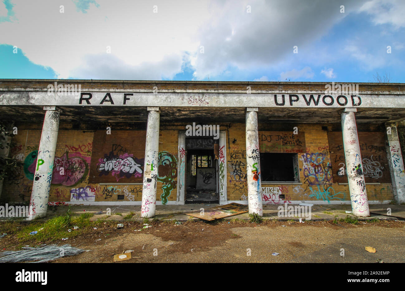 Front Shot of Abandoned Building at RAF Upwood - Currently Being Pulled Down and Demolished for New Homes to be Built - Cambridge, UK Stock Photo