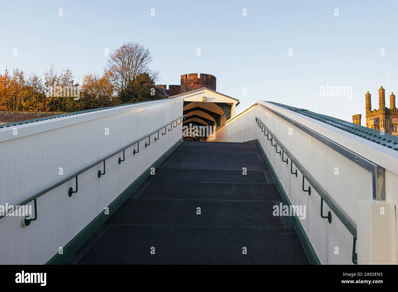 The newly renovated Dana Footbridge in Shrewsbury. Alas it didn't take long for the grafitti brigade to get to work, reportedly Stock Photo