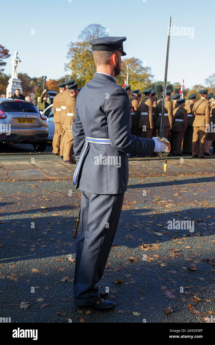 Remembrance Day commemorations on a beautiful Sunday in November, viewed here in Shrewsbury, Shropshire, England. Stock Photo