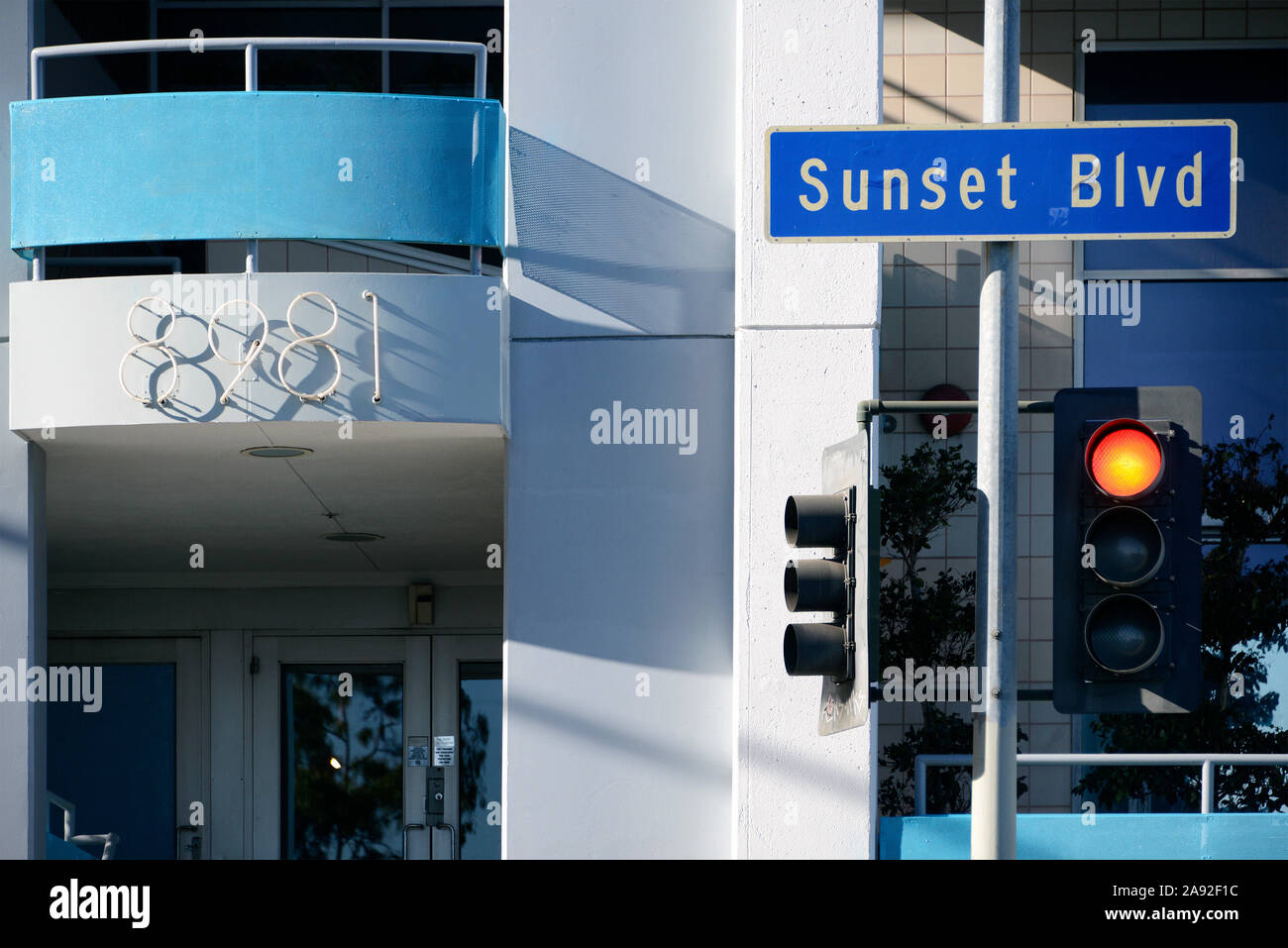 Street sign Sunset Boulevard on the Sunset Strip in West Hollywood, Los Angeles, California, USA Stock Photo