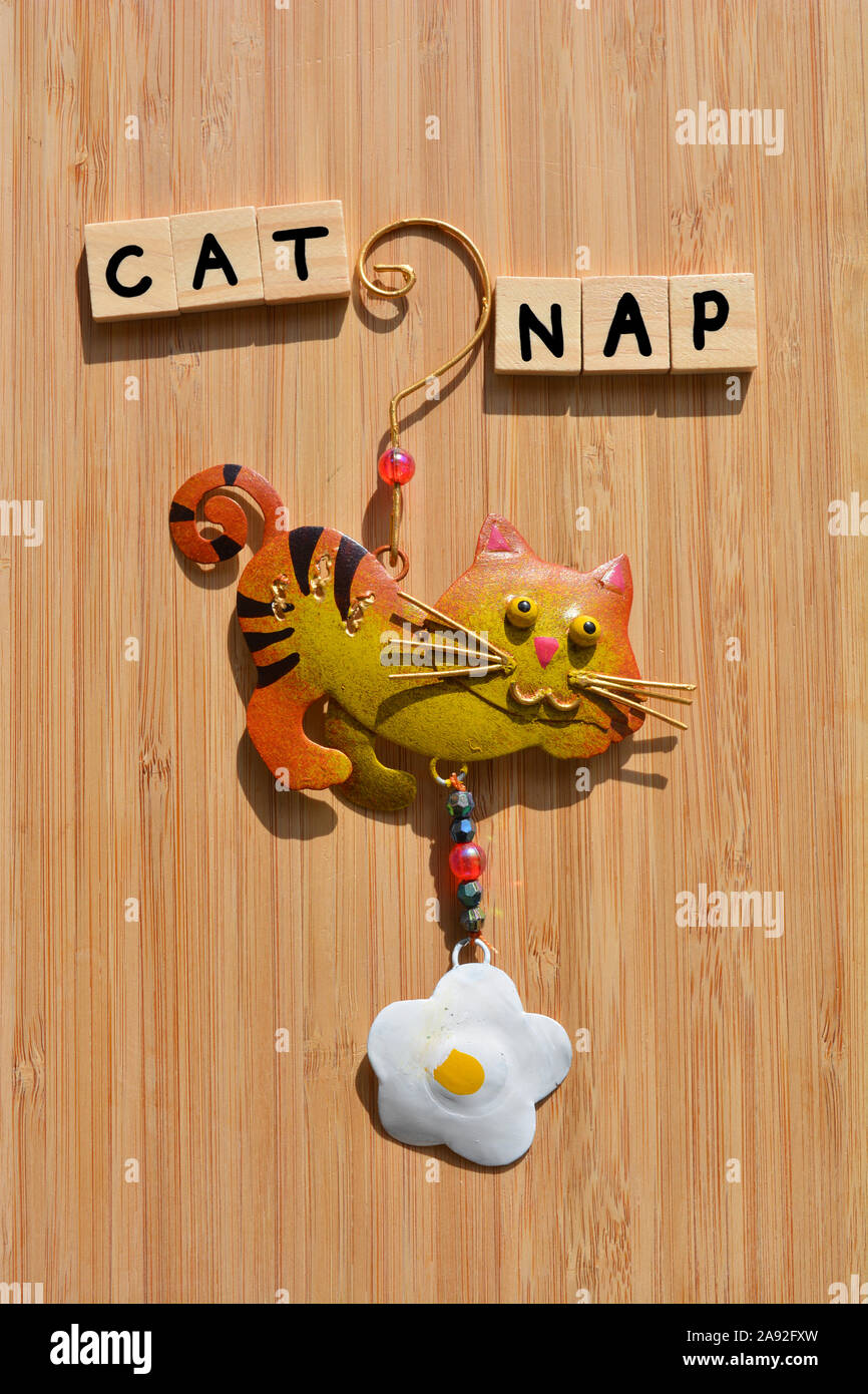 Cat Nap, words in wooden alphabet letters with a handmade, hand painted metal cat ornament on a bamboo wood background Stock Photo