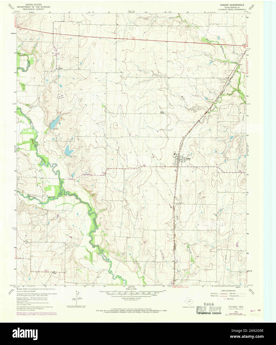 USGS TOPO Map Texas TX Ponder 116319 1959 24000 Restoration Stock Photo