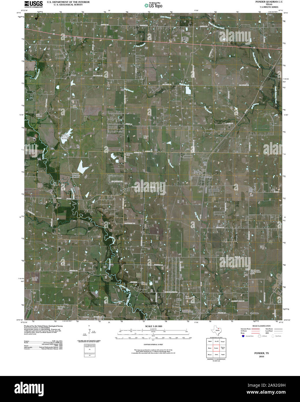 USGS TOPO Map Texas TX Ponder 20100319 TM Restoration Stock Photo