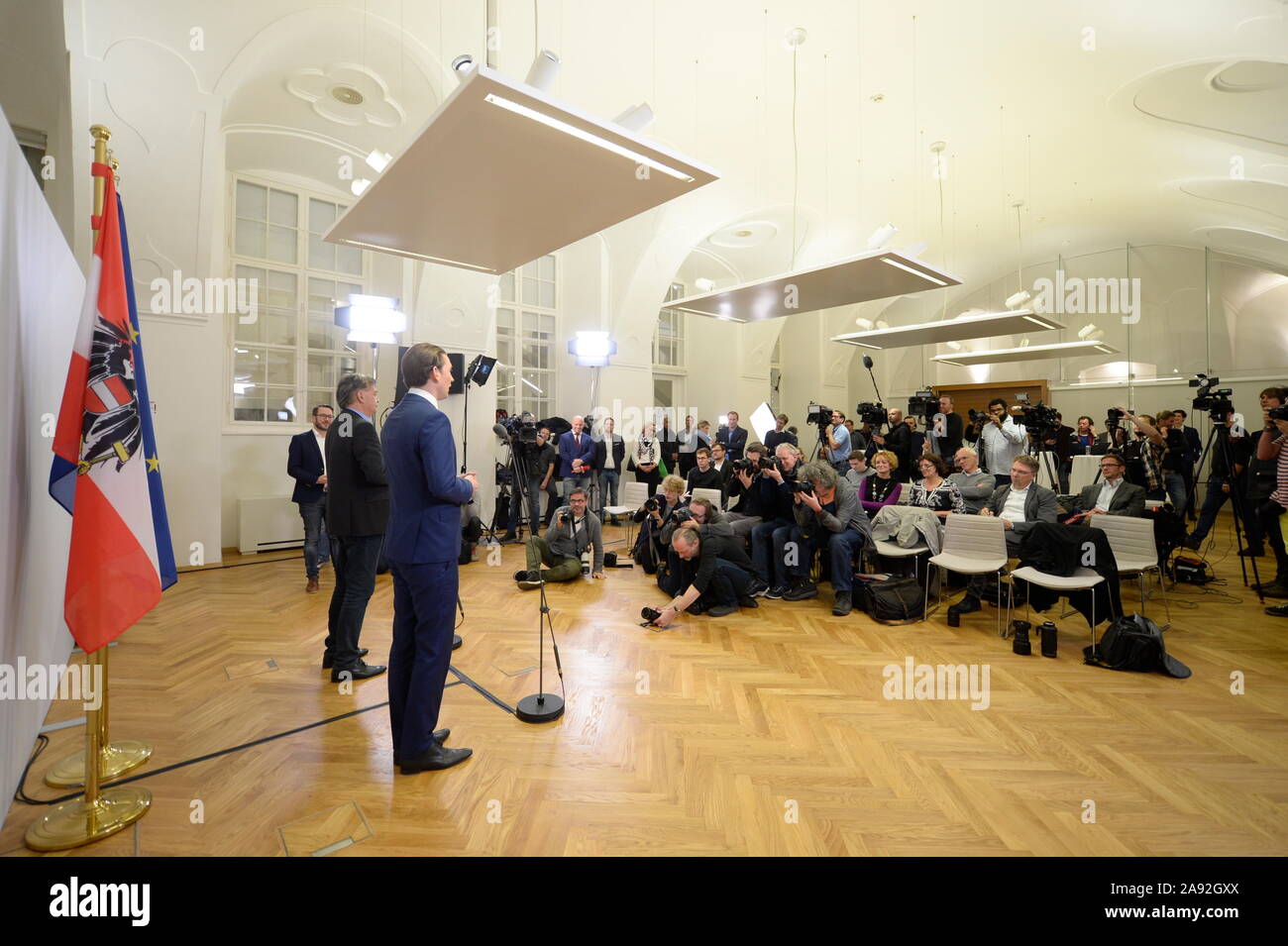 Vienna, Austria. 12th November, 2019. Press Statement by ÖVP (New People's Party Austria) Federal Party Chairman Sebastian Kurz and Green Party Speaker Werner Kogler on the occasion of the start of the coalition negotiations in the Winter Palace Prince Eugen, Himmelpfortgasse 8, on November 12, 2019 in Vienna. Picture shows (from R to L) Sebastian Kurz and national spokesman Werner Kogler. Credit: Franz Perc / Alamy Live News Stock Photo