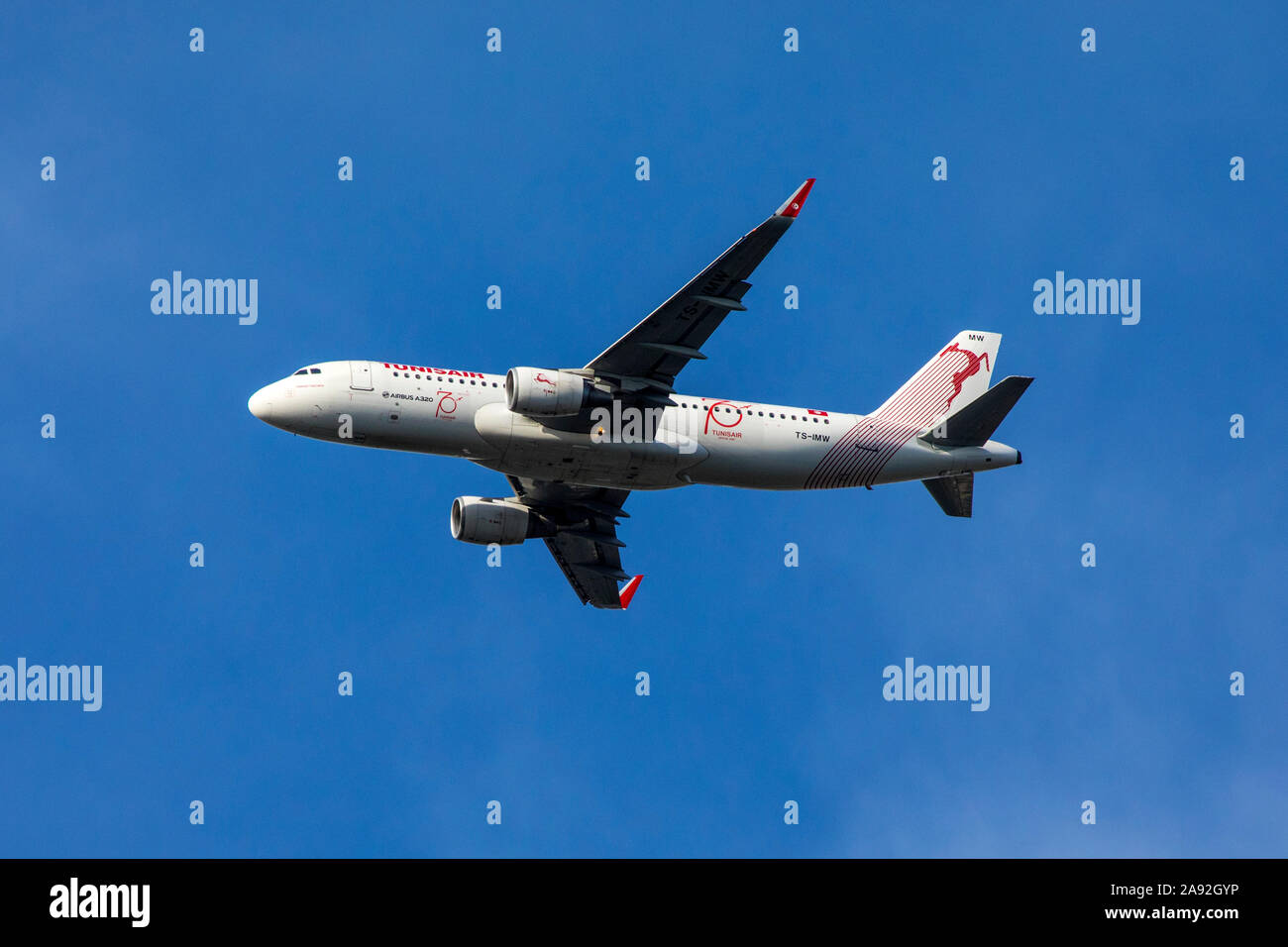 Surrey, UK - September 14th 2019: A shot of Tunisair TS-IMW - an Airbus A320 aircraft, pictured shortly after take-off from Heathrow Airport. Stock Photo