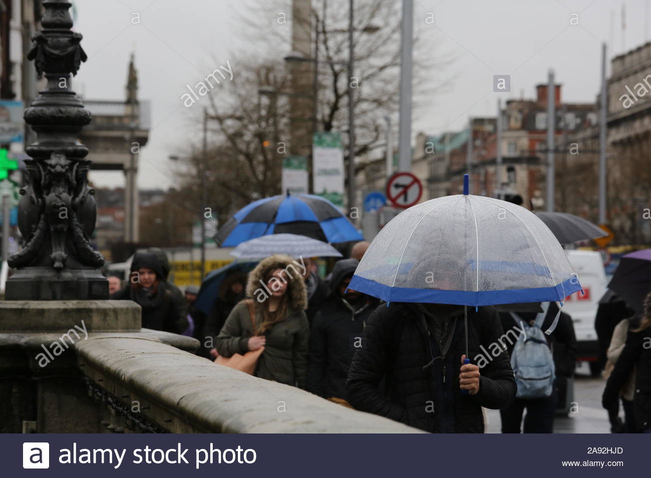 A rainy day in Dublin as umbrella come out against the latest wet weather. Stock Photo