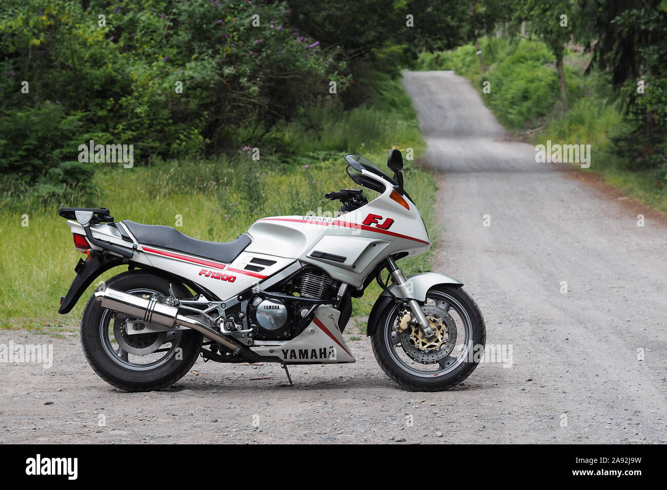 Yamaha FJ1200 motorcycle parked on woodland road. Tipperary, Ireland Stock Photo