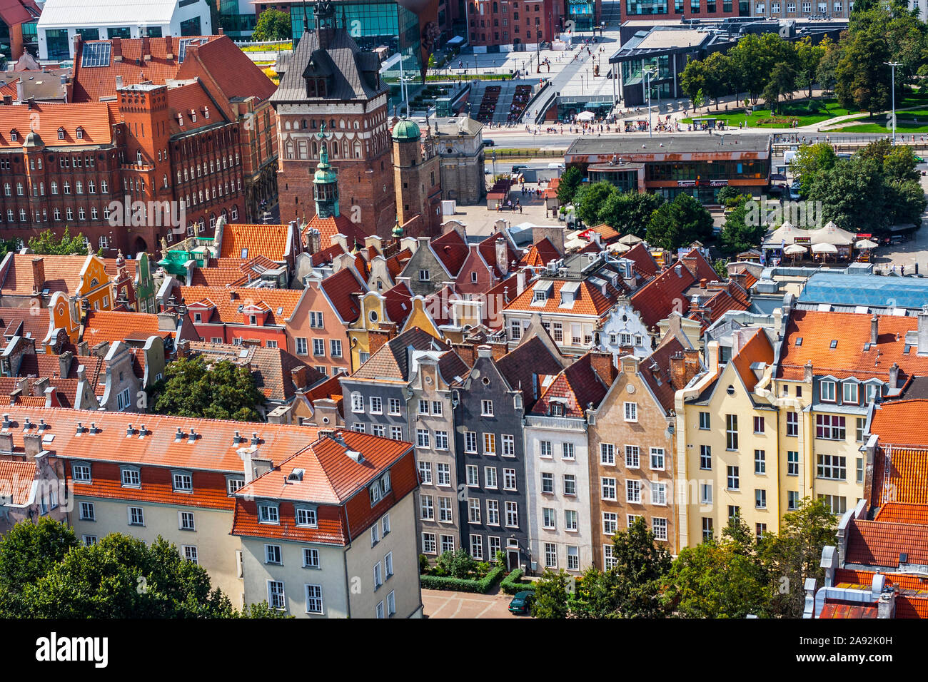 Aerial view of Gdansk Old Town from belltower of st. Mary's Basilica in western direction Stock Photo
