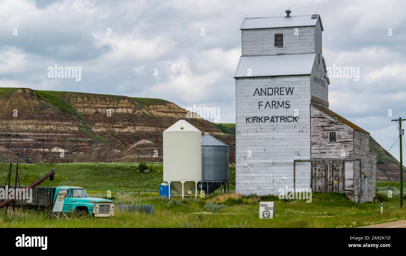 Grain elevator from Andrew Farms, Kirkpatrick, Kneehill County; Alberta, Canada Stock Photo