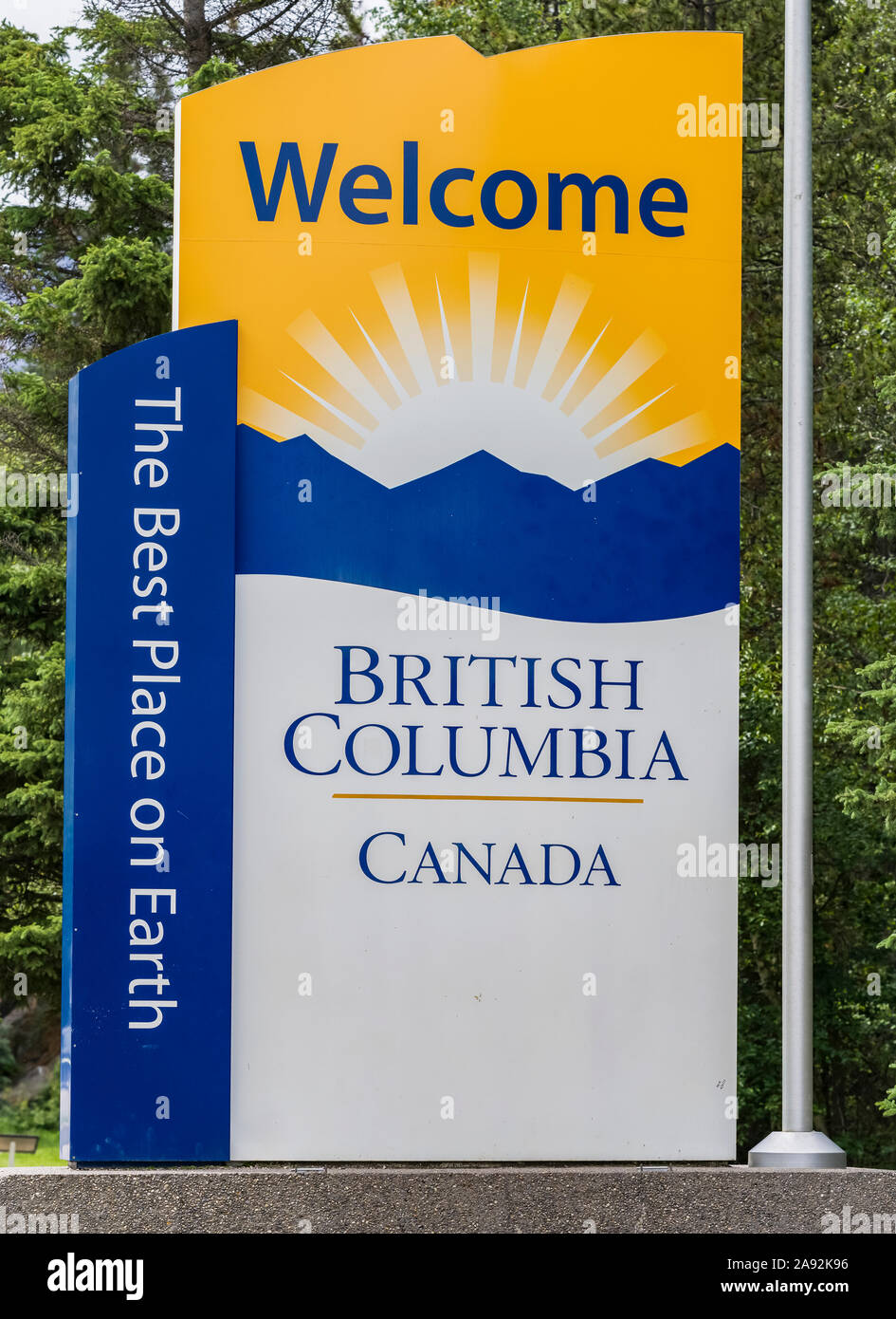 Welcome to British Columbia sign, Mount Robson Provincial Park; British Columbia, Canada Stock Photo
