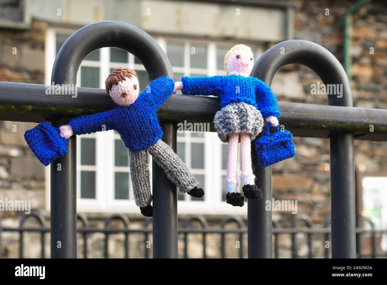 Primary School children pupils knitted figures outside Threlkeld Primary School, Keswick, Lake District, England, UK Stock Photo