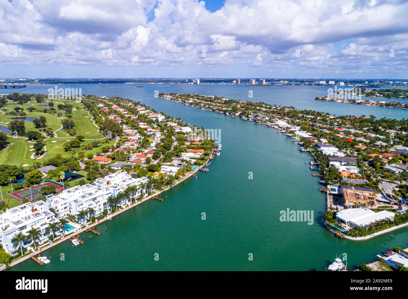 Miami Beach Florida,Normandy Shores golf course club,Biscayne Bay water waterfront homes residences,Iris On the Bay aerial, Stock Photo