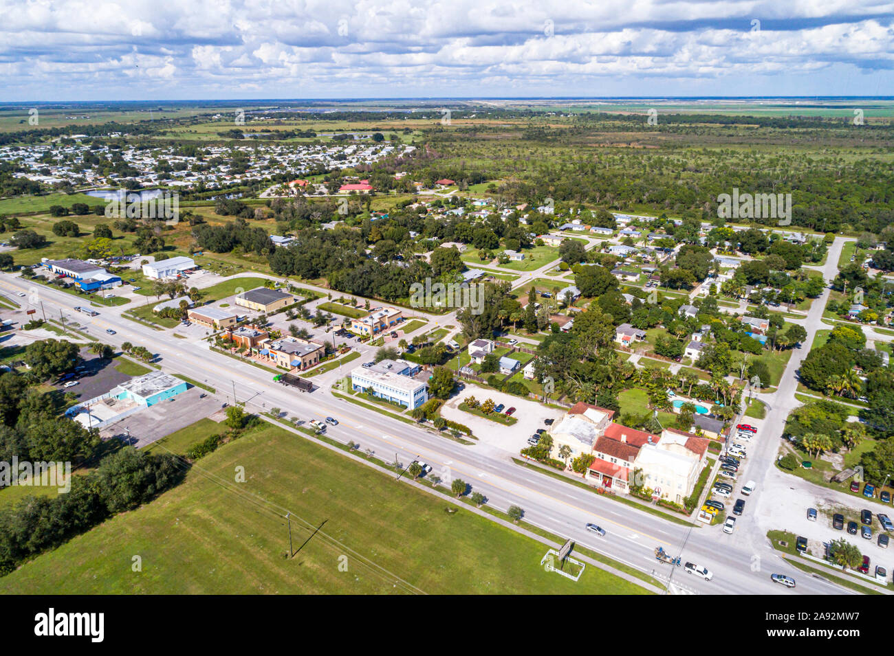 Indiantown Florida,route 710 Warfield Boulevard,Seminole Inn,hotel hotels lodging inn motel motels,aerial overhead bird's eye view above,photo making Stock Photo