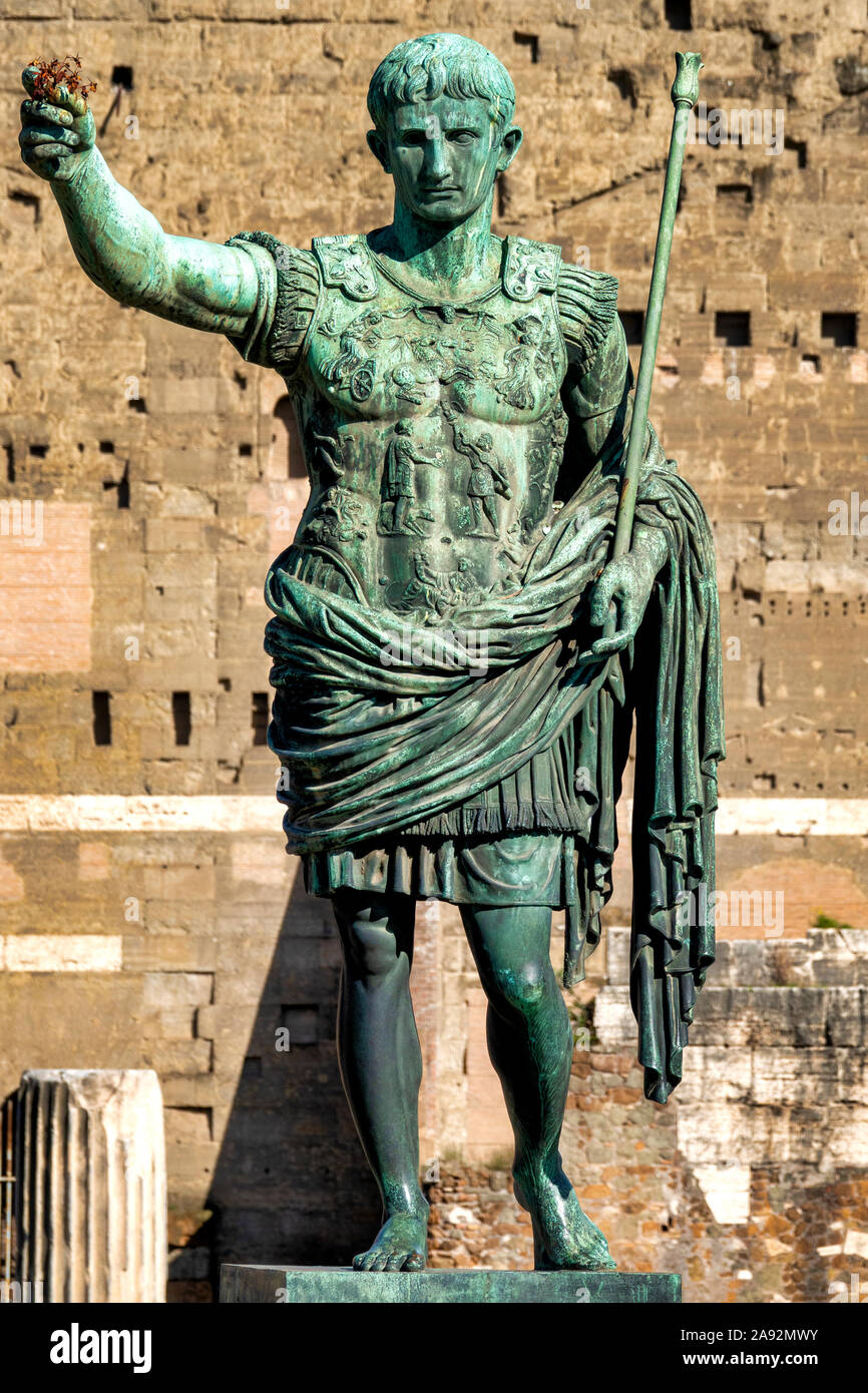 Bronze statue of emperor Caesar Augustus on Via dei Fori Imperiali, Rome, Italy Stock Photo