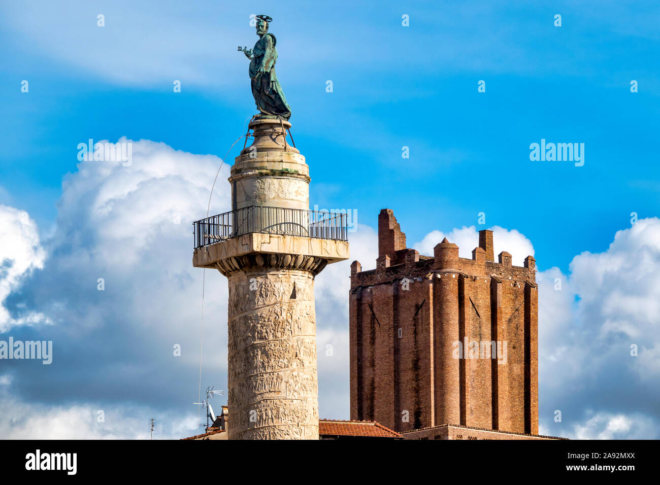 Trajan Column and the torre delle Milizie, Rome, Italy Stock Photo