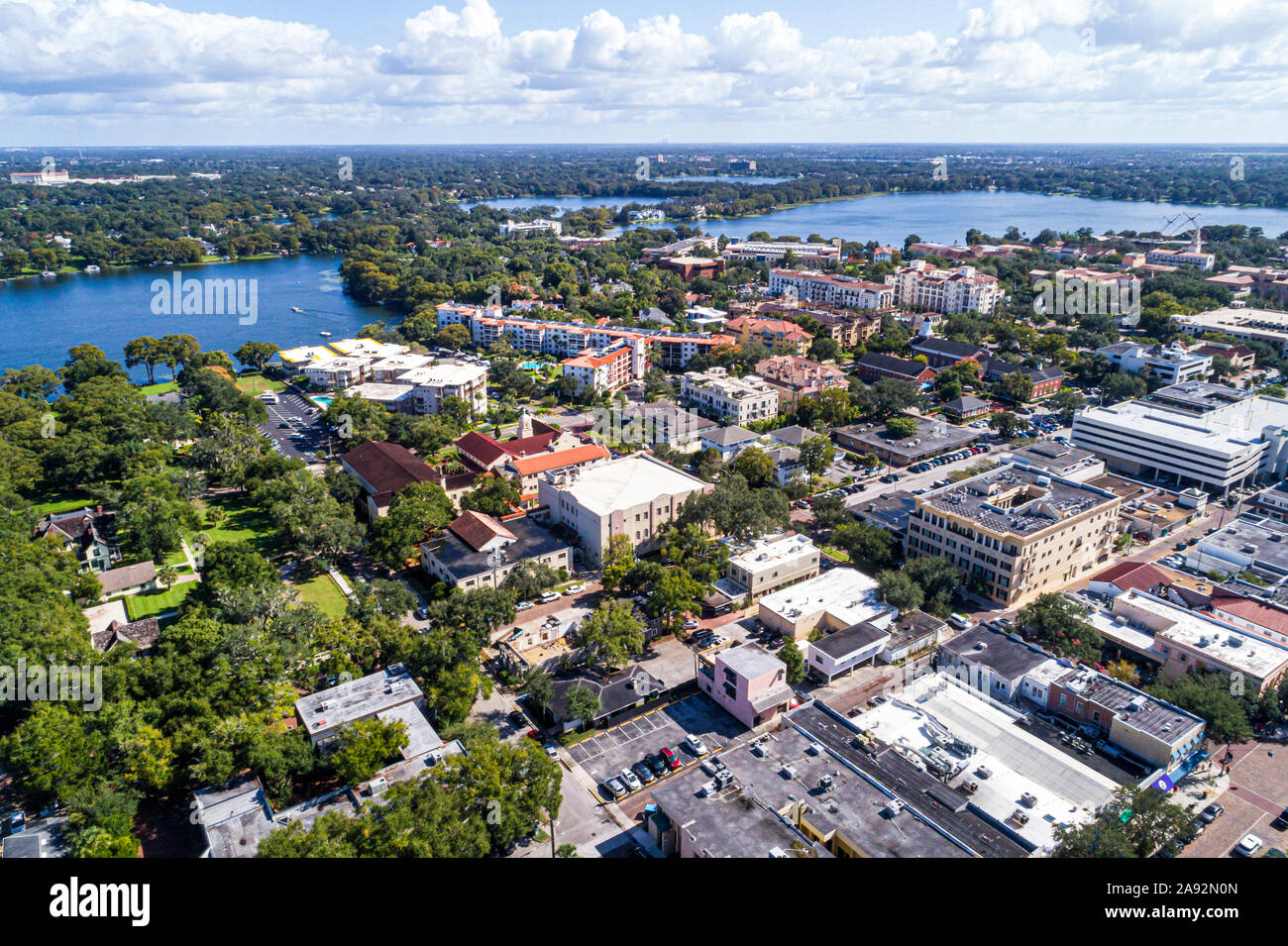 Winter Park Florida,Orlando,city skyline,Lake Virginia & Osceola,aerial overhead bird's eye view above,photo making taking using from having other up Stock Photo