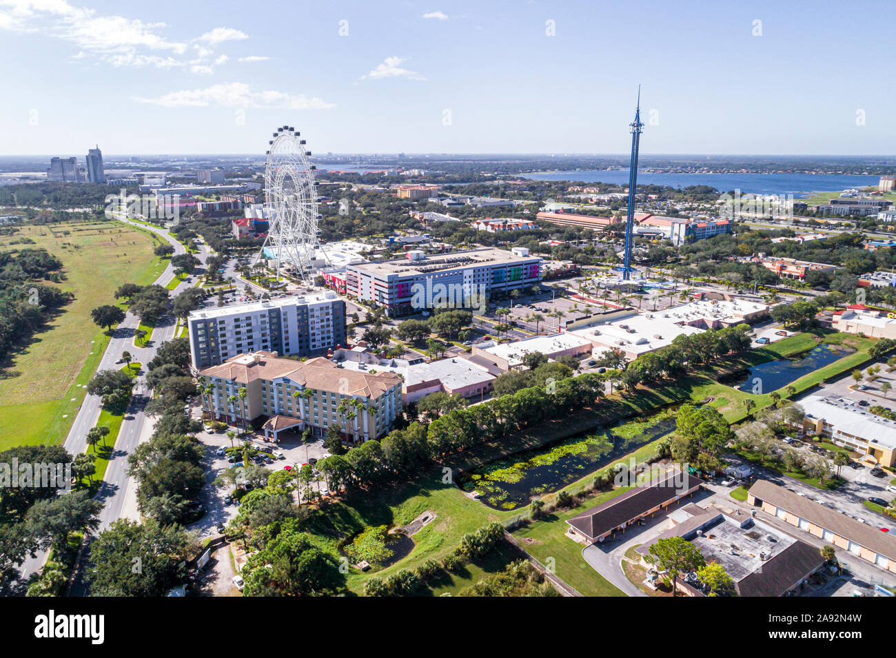 Orlando Florida,Universal Boulevard,The Wheel at ICON Park,Orlando Starflyer swing aerial view overhead, Stock Photo