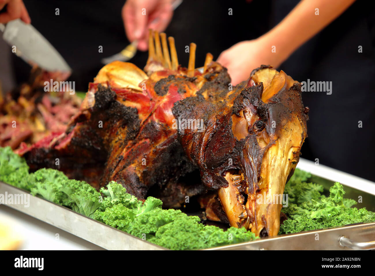 Roasted Wild Pig Served At A Party Or Wedding Reception Stock