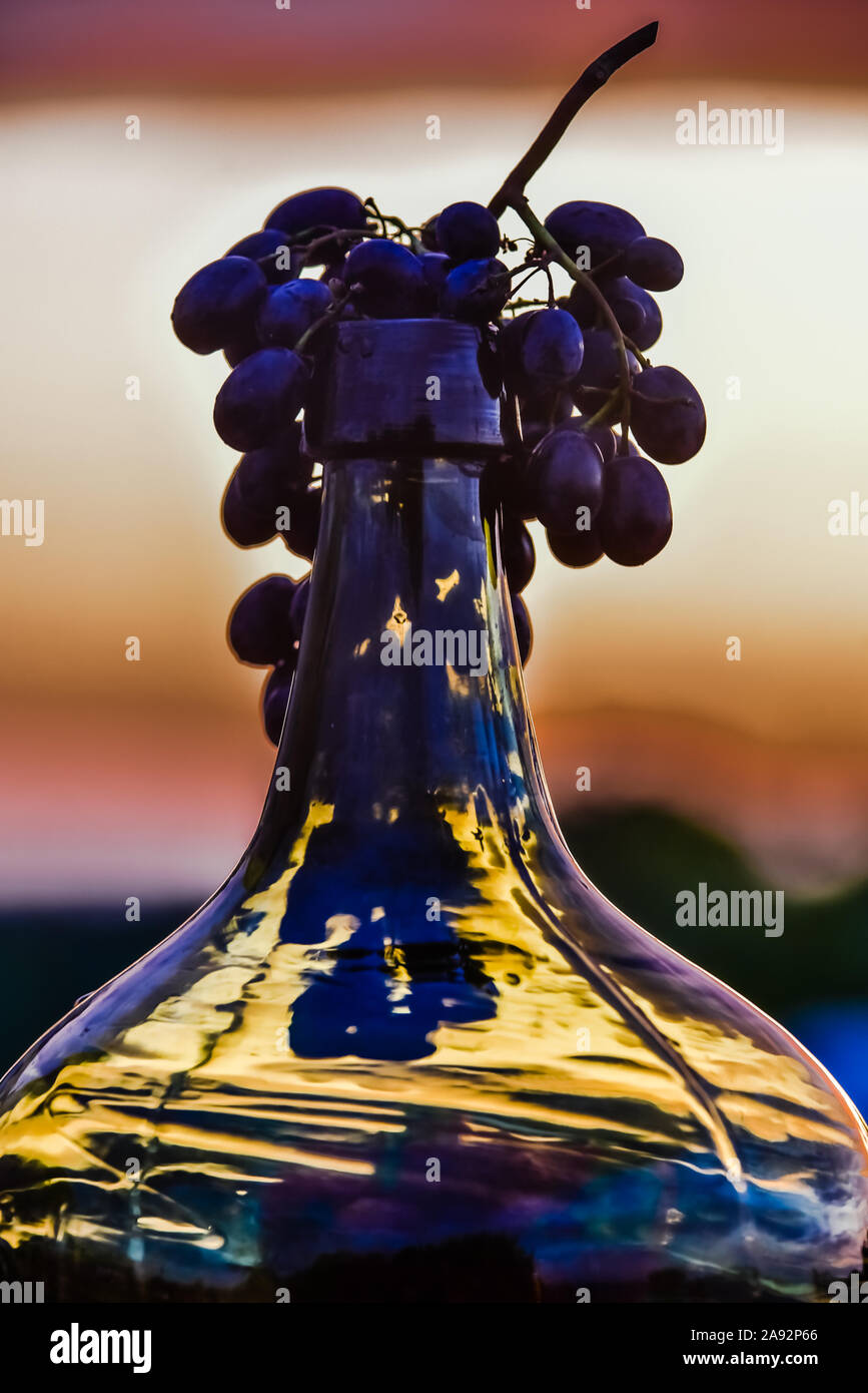 Grapes in the neck of big bottle against pink sunset Stock Photo