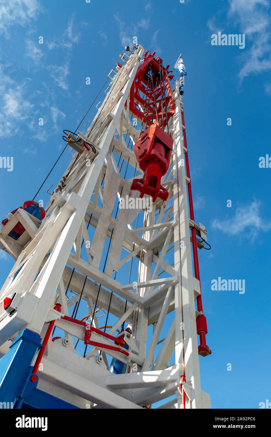 Mobile truck-mounted drilling rig. For drilling oil and gas wells. View from below. Stock Photo