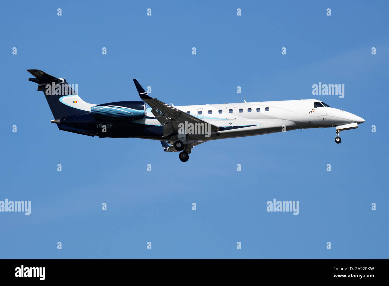 Istanbul / Turkey - March 28, 2019: Toyo Aviation Embraer ERJ-135 YR-IGP business jet arrival and landing at Istanbul Ataturk Airport Stock Photo