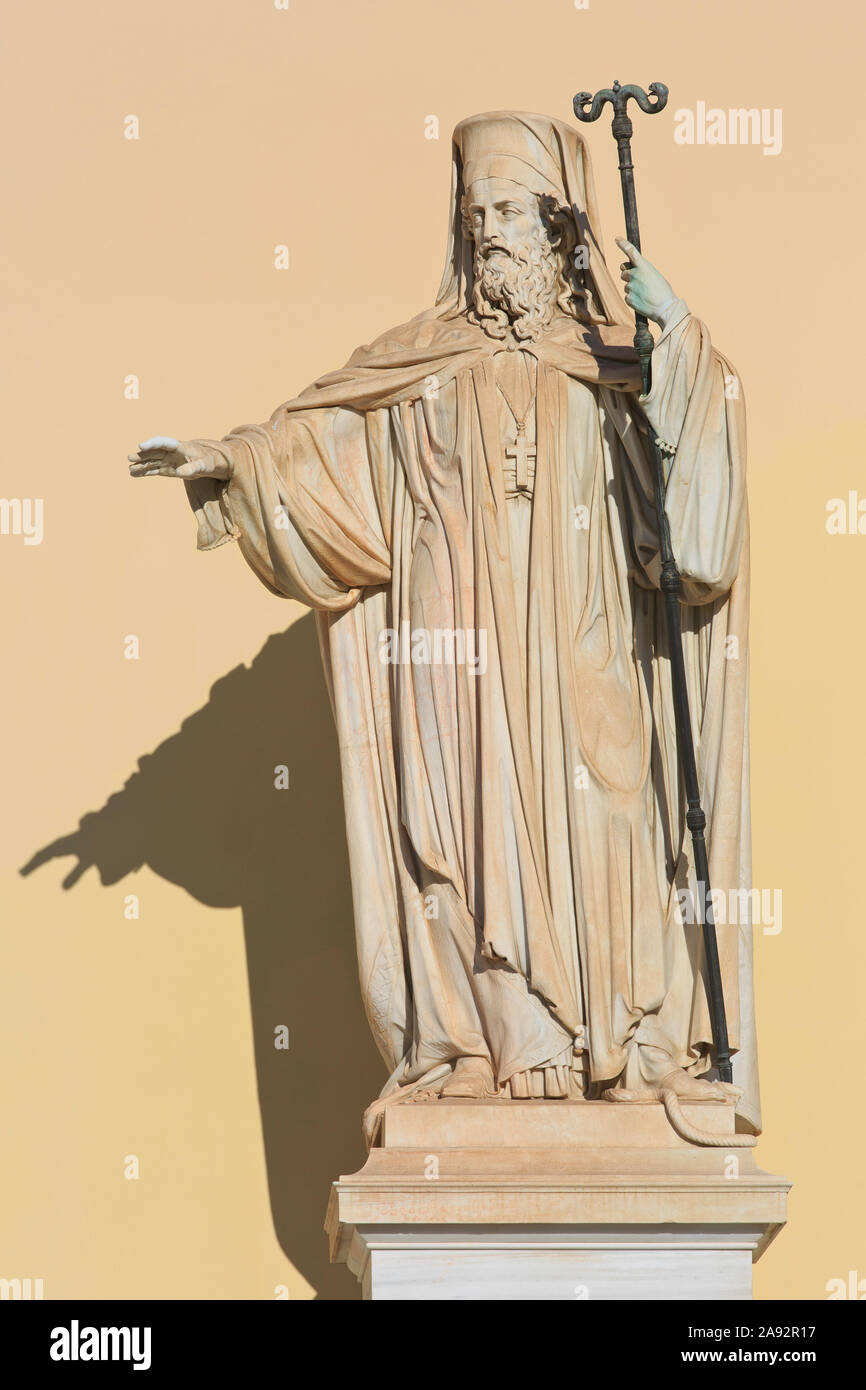 Statue of the Ecumenical Patriarch (Archbishop) of Constantinople Gregory V of Constantinople (1746-1821) outside the University in Athens, Greece Stock Photo