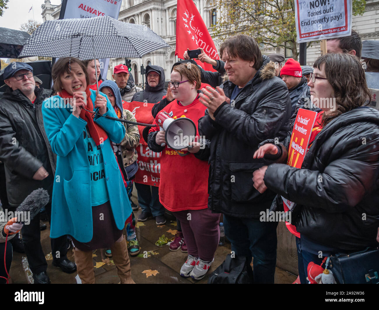 London, UK. 12th November 2019. Frances O’Grady, General Secretary, TUC speaks. A rally by strikers from 6 South London McDonald’s stores and supporters at Downing St demanded £15 an hour, an end to youth rates, guaranteed hours of up to 40 hours a week, notice of shifts 4 weeks in advance, recognition of the Bakers Food and Allied Workers’ Union, and to be treated with respect and dignity at work. Speakers included BFAWU's Ian Hodson, TUC's Frances O'Grady, Jo Grady of UCU, John McDonnell and a leader of the US Fight for 15 campaign. Peter Marshall/Alamy Live News Stock Photo