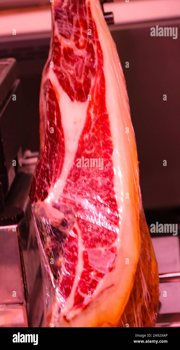 market hanging ham a spanish tradition of serran Stock Photo