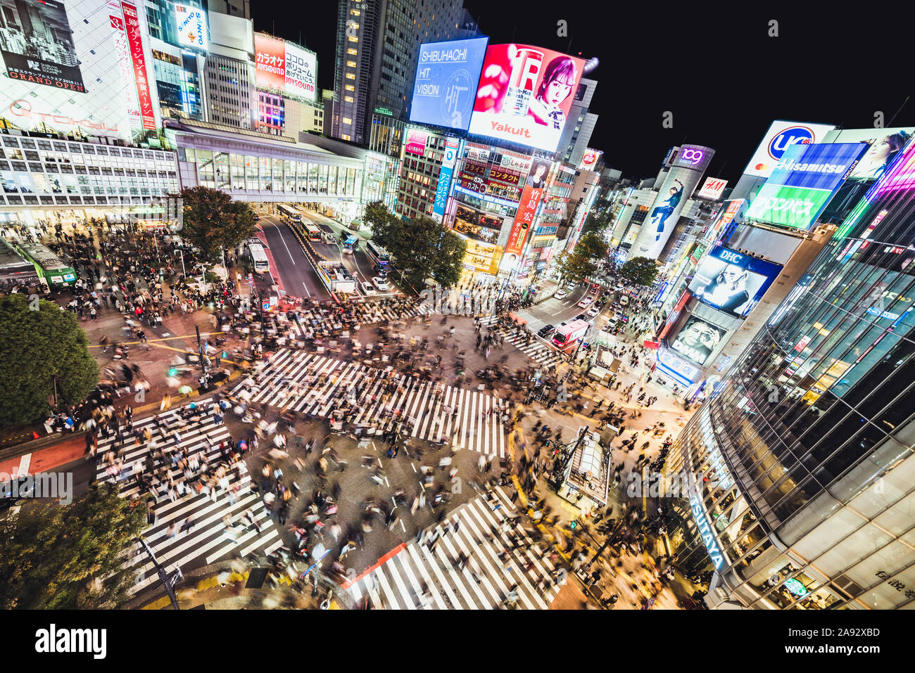 Tokyo, Japan - Nov 3, 2019: Crowded people walking, car traffic on Shibuya scramble crossing at night. Tokyo landmark tourist attraction concept Stock Photo