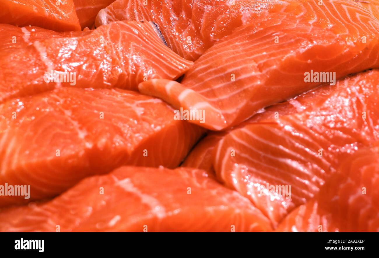 closeup view of juicy but firm pink salmon filleted and ready to cook Stock Photo