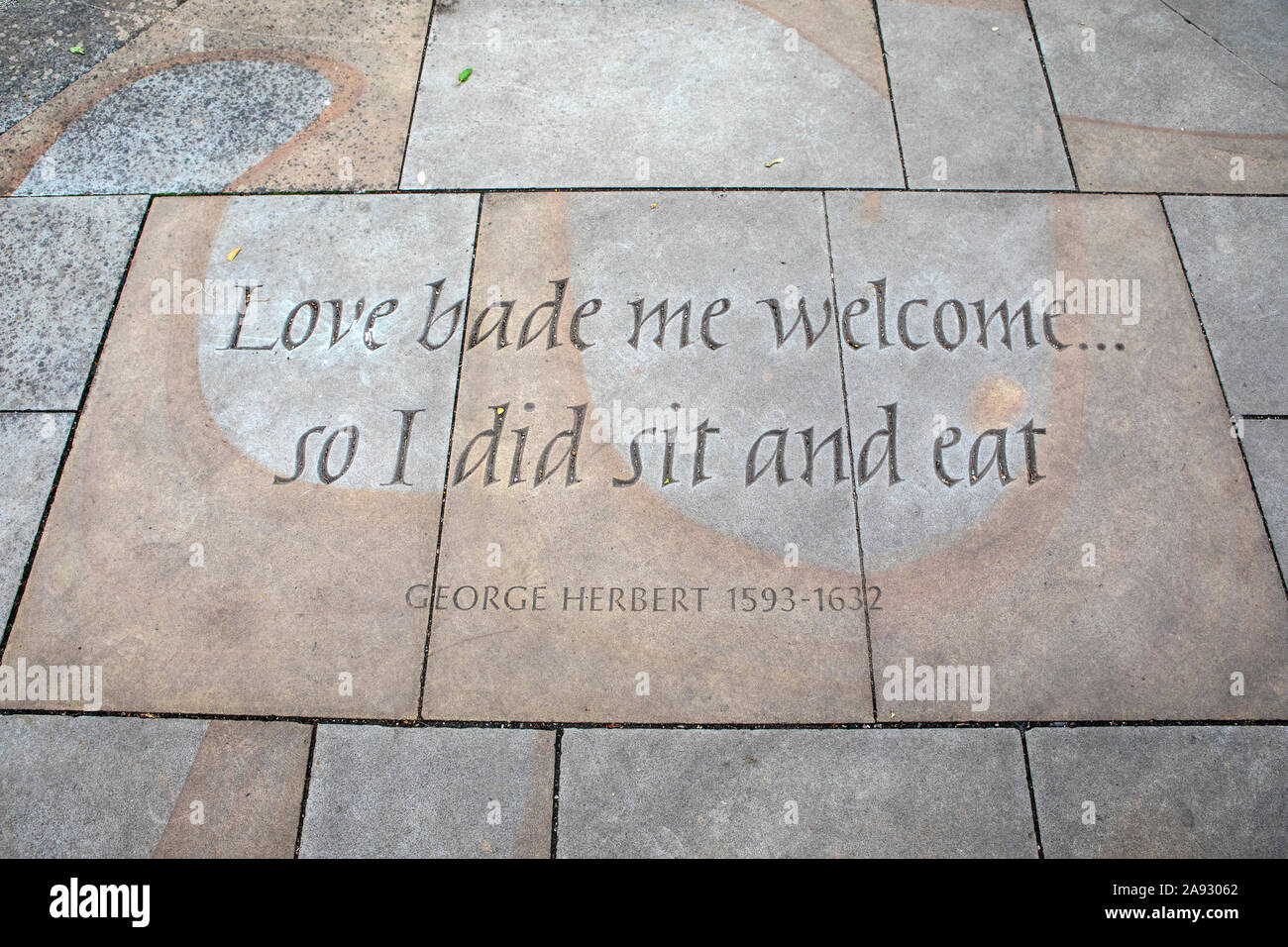 Exeter, UK - July 31st 2019: A quote in the grounds of Exeter Cathedral in Devon, by Welsh-born poet and priest George Herbert. Stock Photo