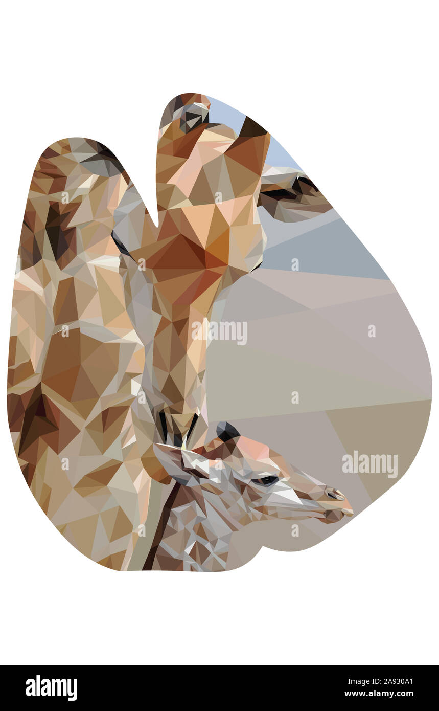 Low poly illustration of a giraffe and his child inside the shape of their hoof print Stock Photo