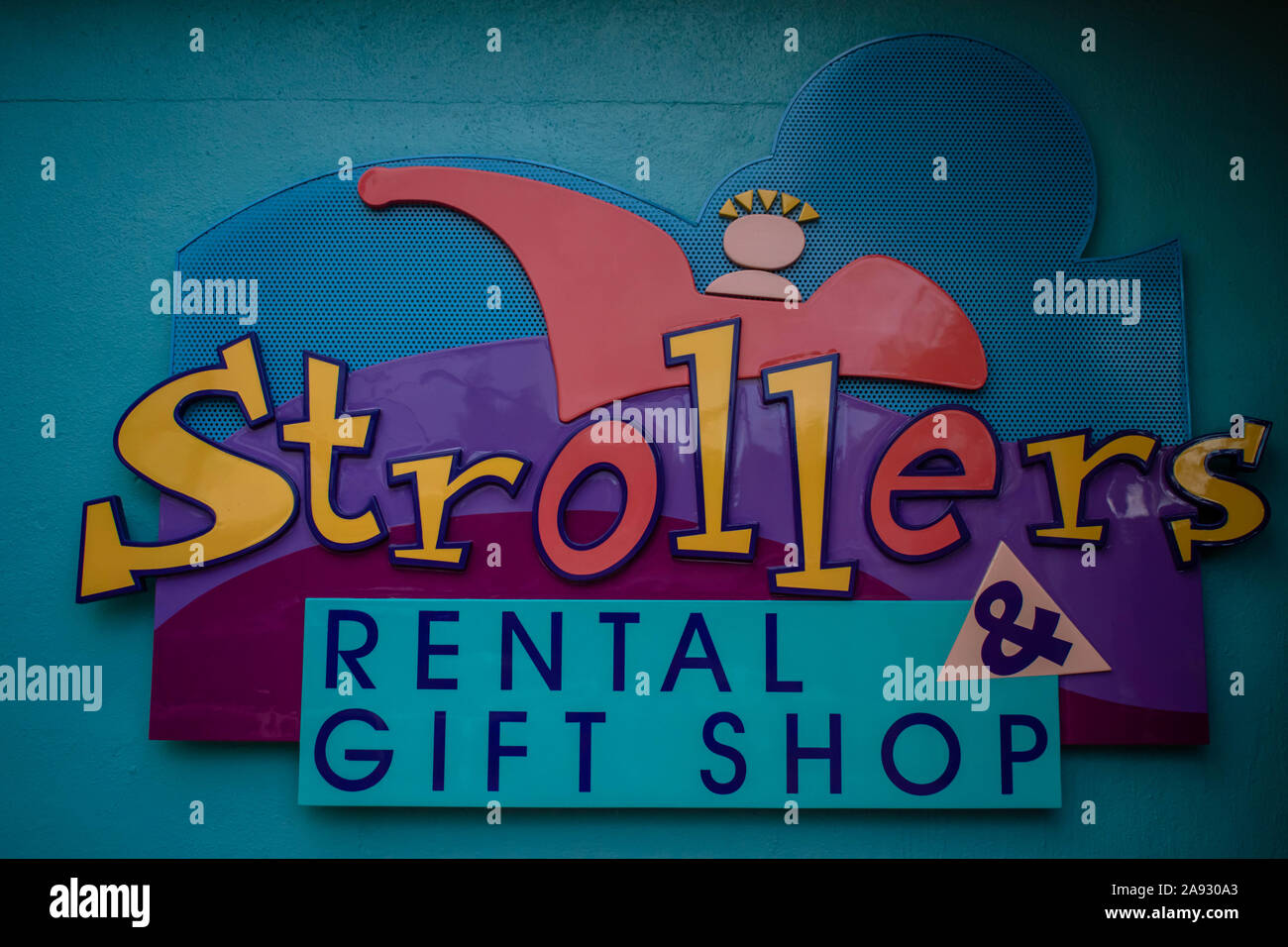 Orlando, Florida. November 06, 2019. Rental Strollers sign at Seaworld