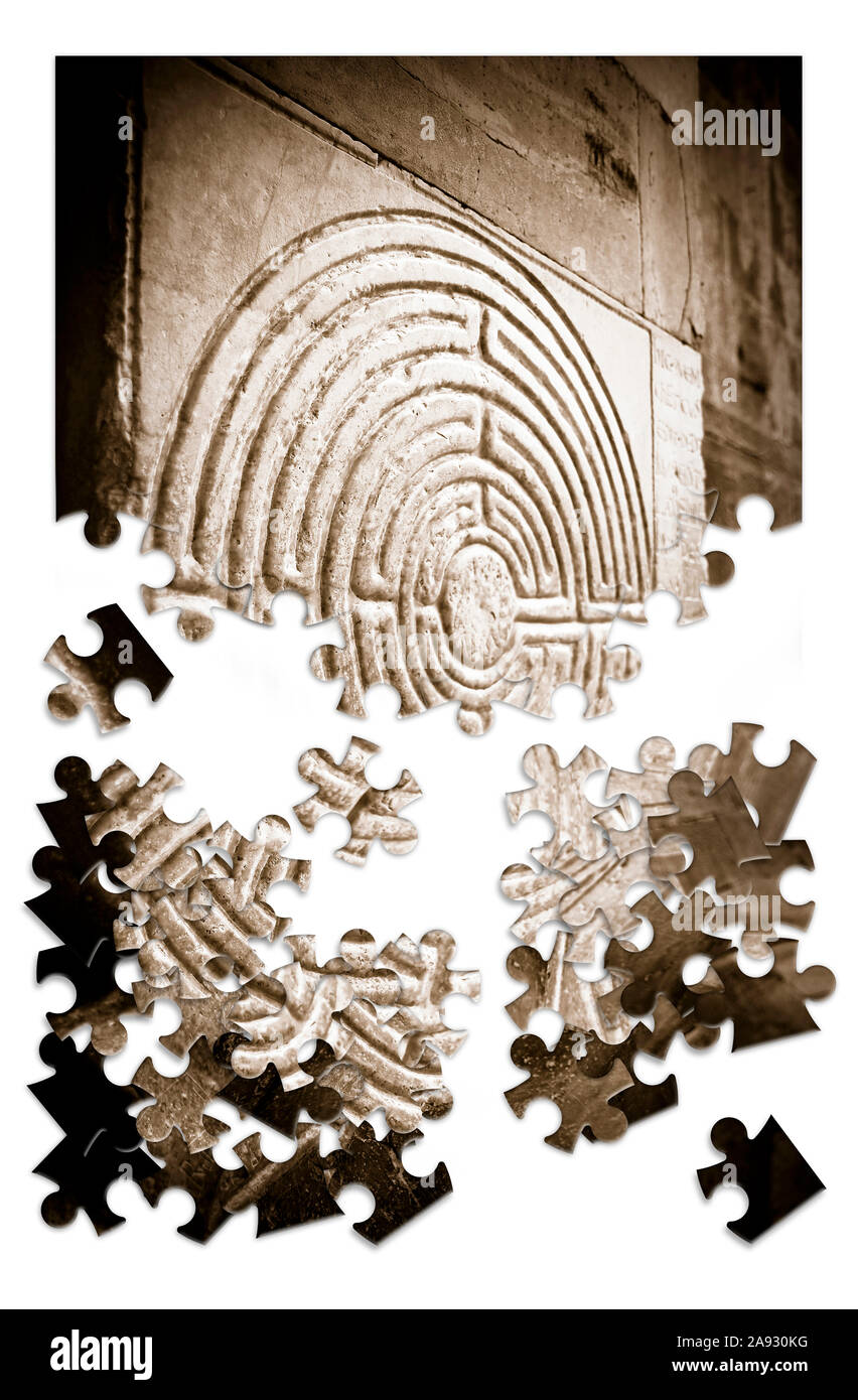 Labyrinth carved on the facade of a Romanesque church of the 11th century - concept image in jigsaw puzzle shape Stock Photo