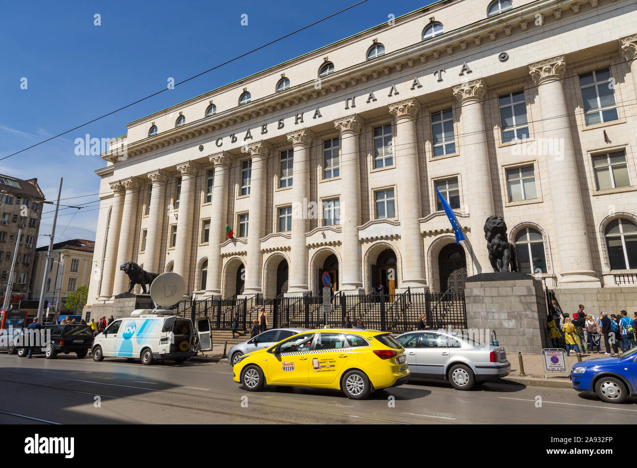 Sofia, Bulgaria- 30 April: View of the Sofia Court House. Monumental building with lion statues at the entrance located on 2 Vitosha Boulevard. Stock Photo