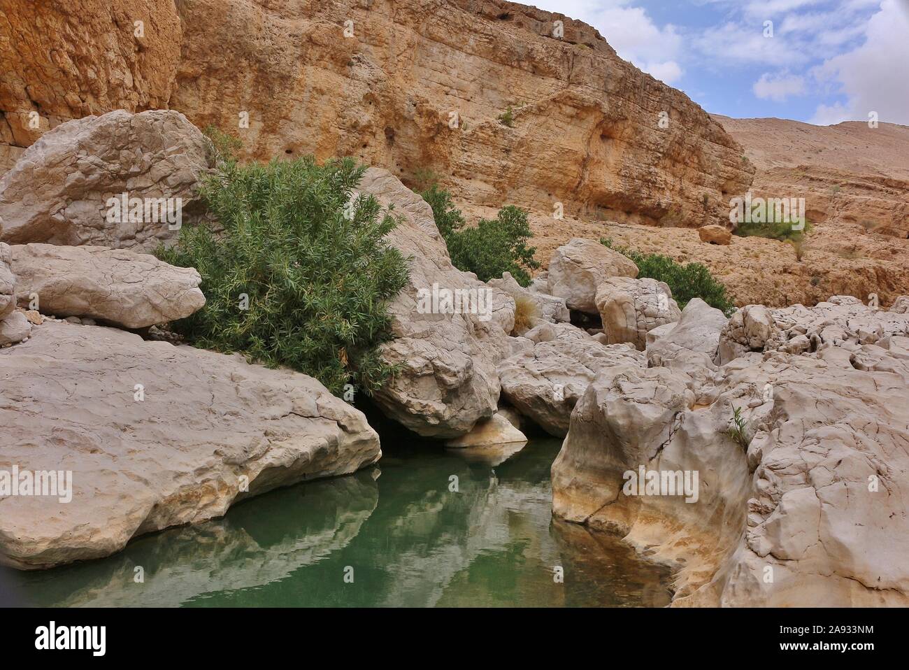 Wadi Bani Khalid: the upper part of the beautiful canyon Stock Photo