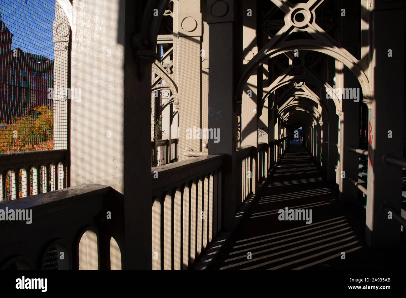 The pedestrian walkway on the The High Level Bridge between Newcastle upon Tyne and Gateshead in North East England, UK Stock Photo