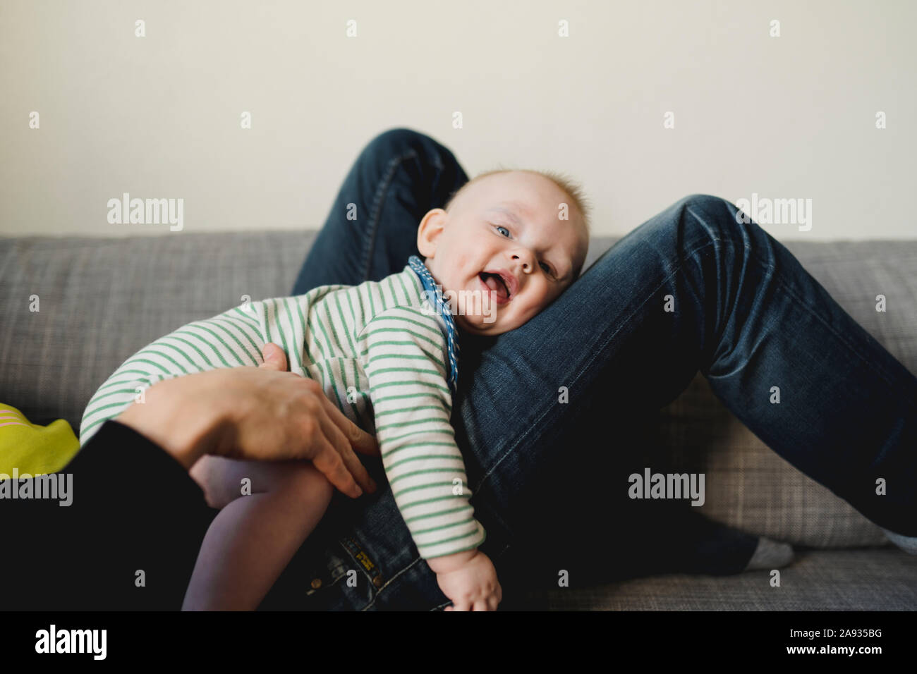 Baby on parents laps Stock Photo