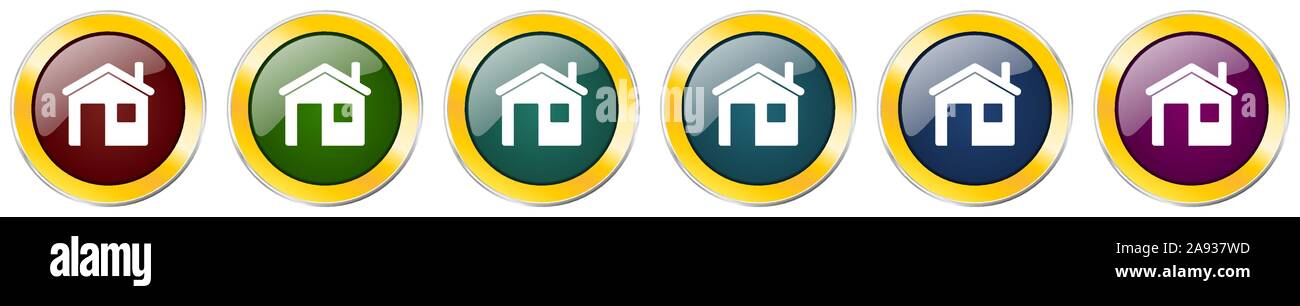 Home glossy icon set, silver metallic golden vector illustrations in 6 ...