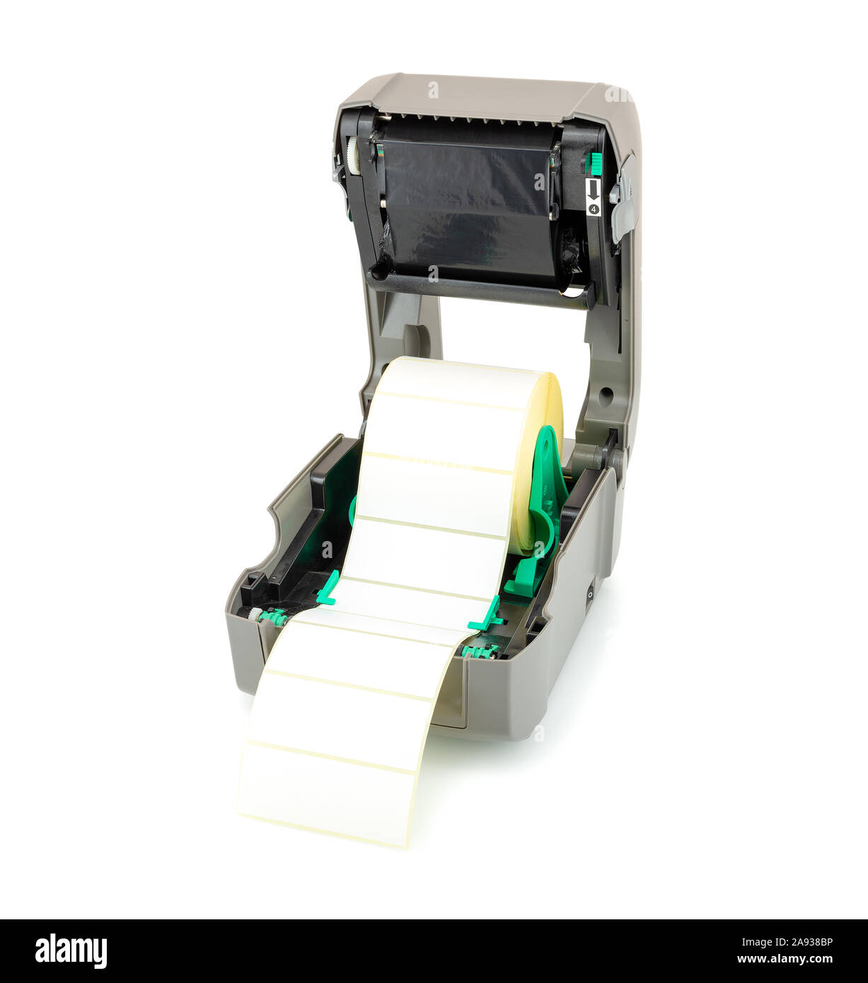 Printer with ribbon and white label roll isolated on white background with shadow reflection