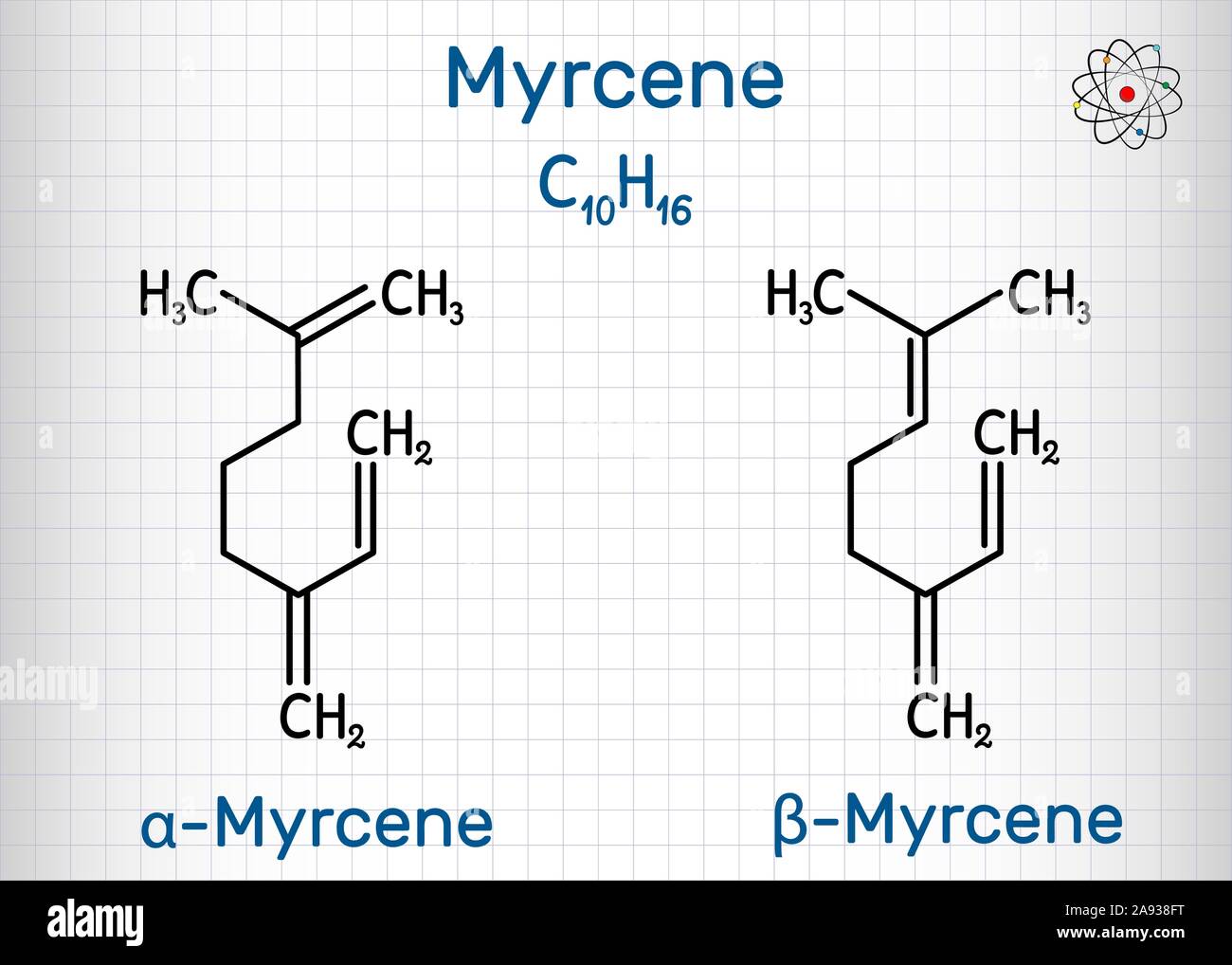Myrcene, beta and alfa myrcene molecule, is an olefinic natural organic hydrocarbon, monoterpene. Structural chemical formula. Sheet of paper in a cag Stock Vector