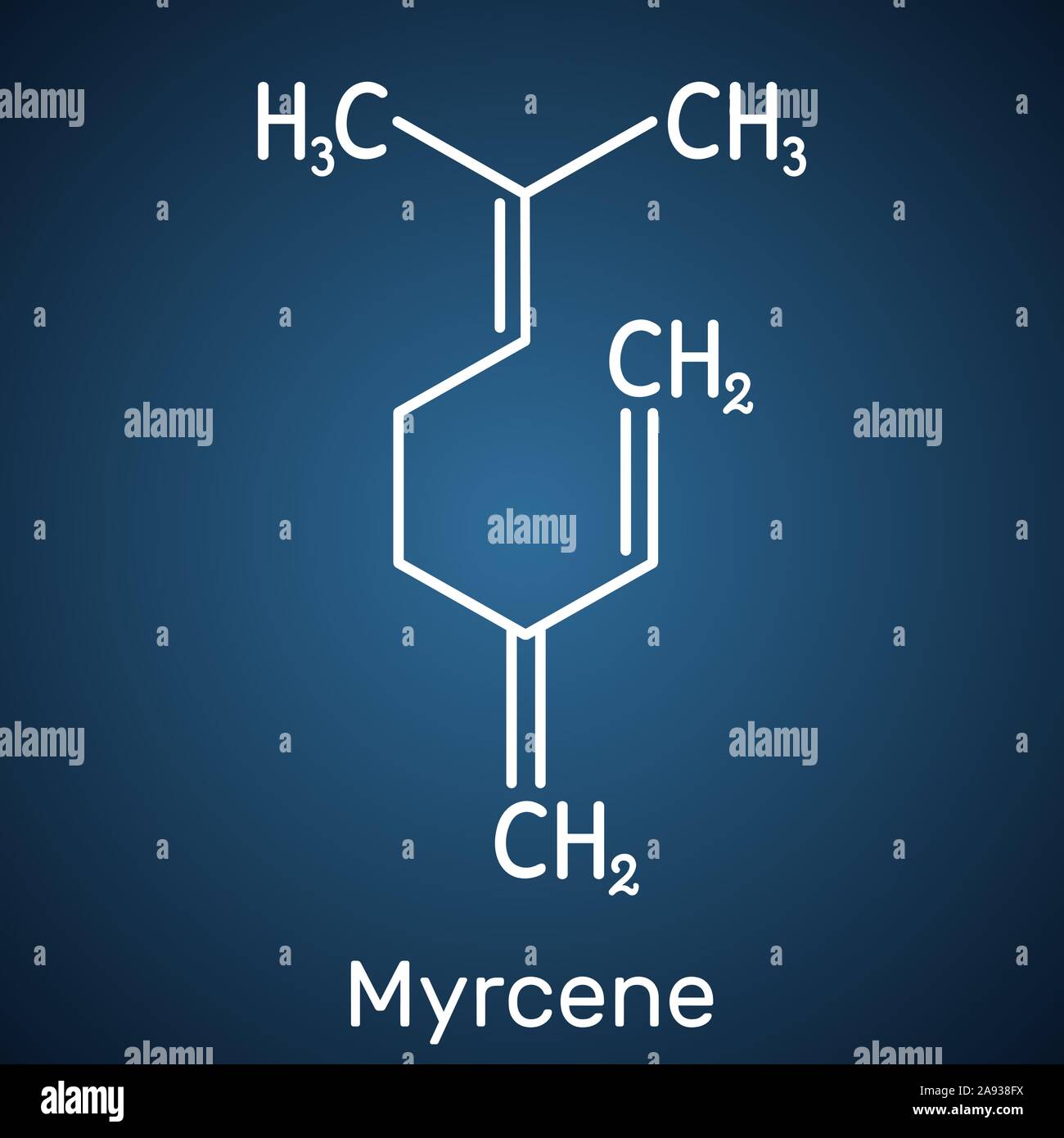 Myrcene, beta-myrcene molecule, is an olefinic natural organic hydrocarbon, monoterpene. Structural chemical formula on the dark blue background. Vect Stock Vector