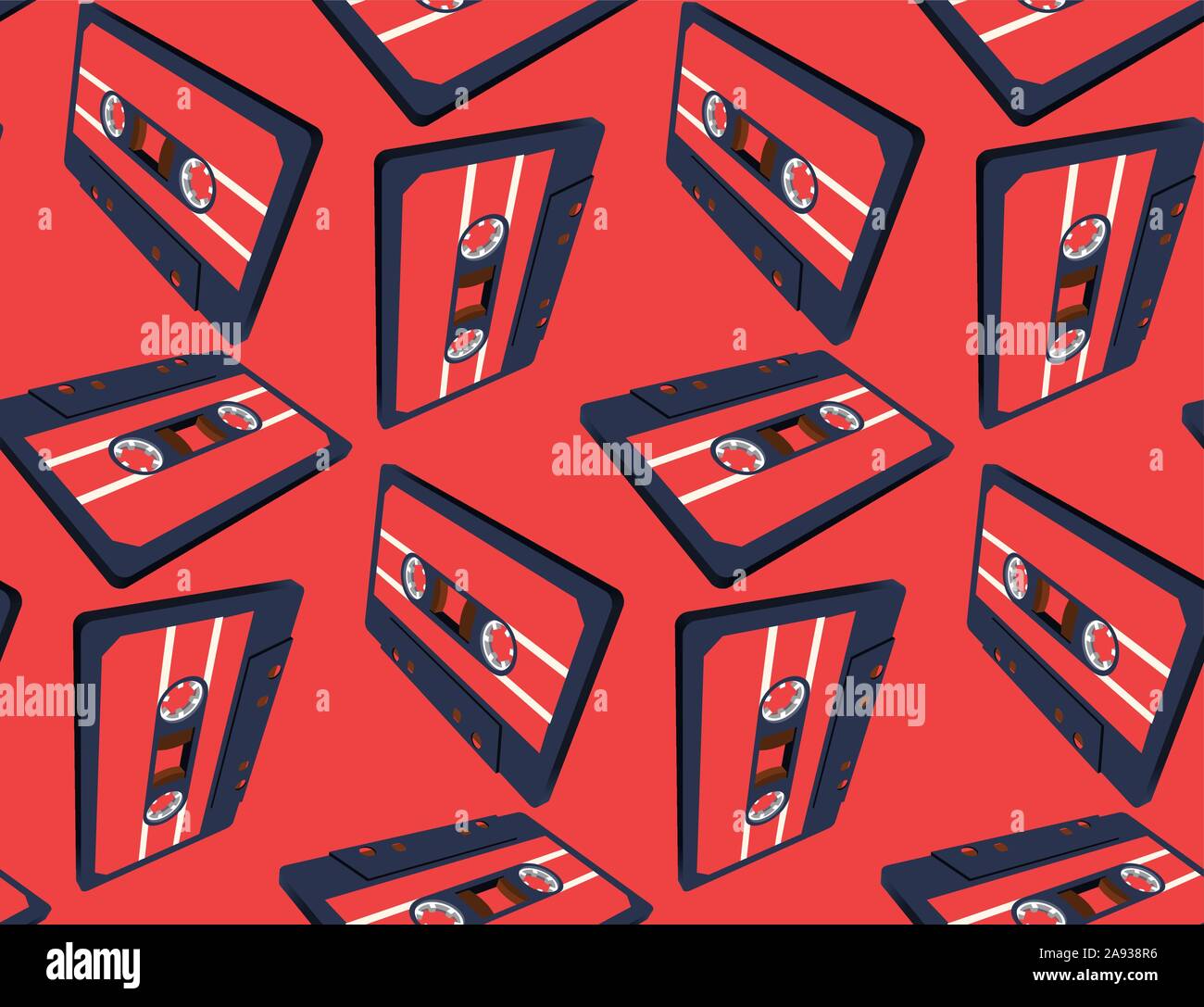 Compact cassette seamless pattern with floating or flying tape in perspective view Stock Vector