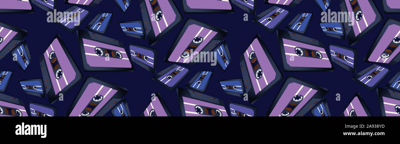 Compact cassette seamless pattern with floating or flying tape in perspective view Stock Vector