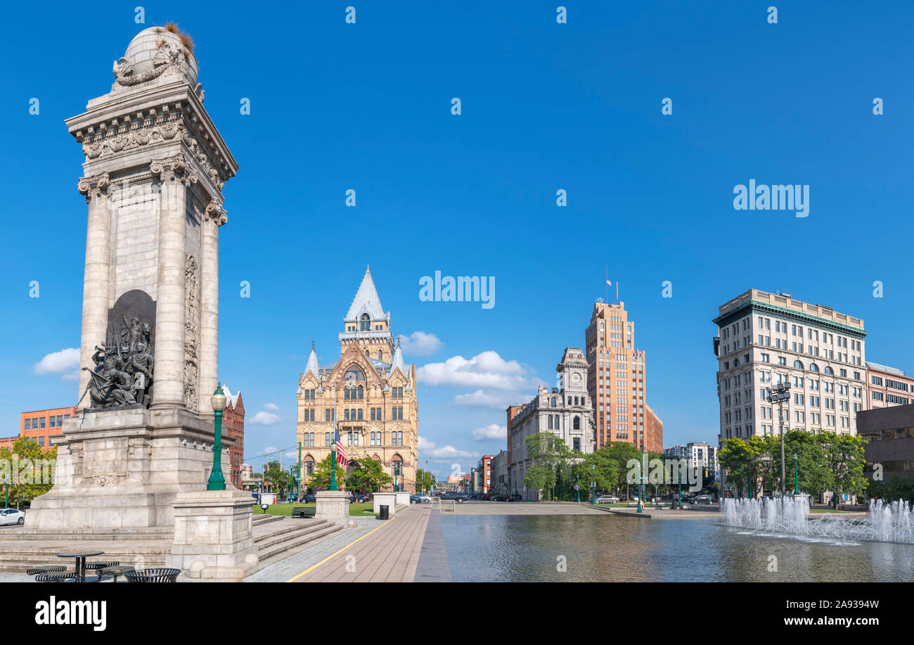 Clinton Square in historic downtown Syracuse, New York State, USA. The Soldiers' and Sailors' Monument is in the foreground. Stock Photo