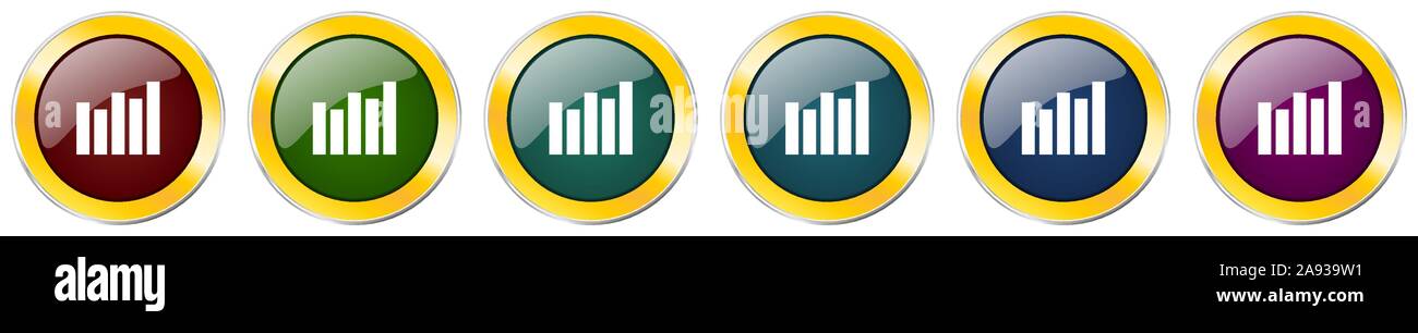 Graph glossy icon set, silver metallic golden vector illustrations in 6 ...