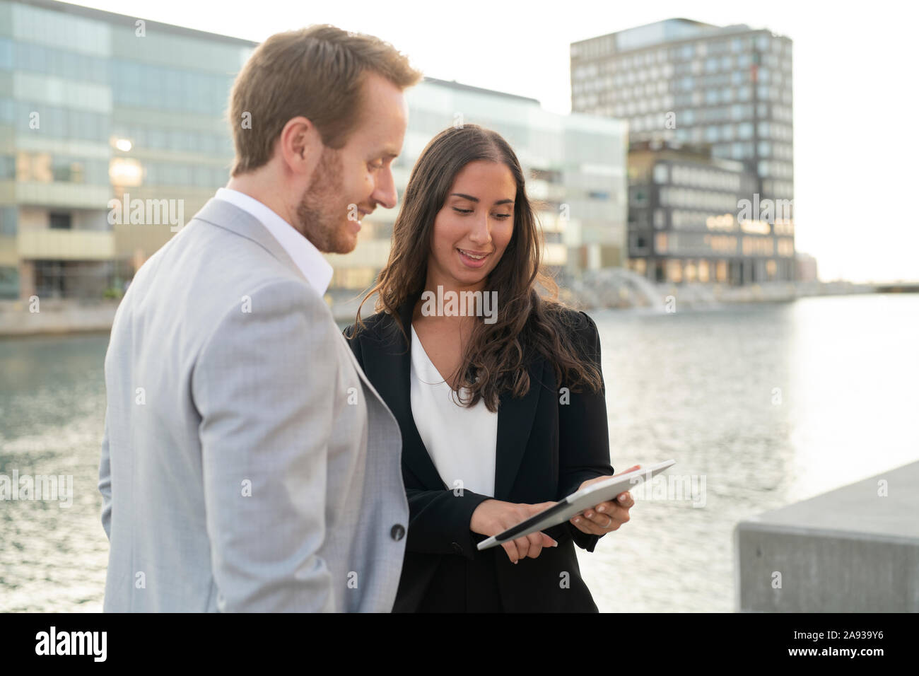 Business people talking outside Stock Photo