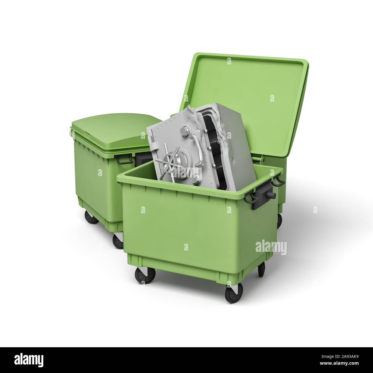 3d rendering of two green trash cans, front can open with bent and broken metal safe inside. Stock Photo